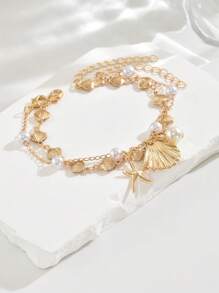 2pcs/Set Beach Vacation Style Metal Alloy Shell, Starfish & Faux Pearl Pendant Bracelet Set, Handmade Versatile Jewelry Suitable For Women's Daily, Beach, Date, Party & Music Festival Wear. The Handmade Chain Length Can Be Customized. - Multicolor - View 5