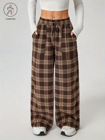 Women Elastic Waist Plaid Wide Leg Casual Pants
