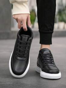 Men's Solid Color Basic Low-Top Casual Sneakers, Teenagers' Daily Commute Versatile PU Shoes, Suitable For Outdoor Sports, Casual Wear, All Seasons, Gender Neutral Plus Size Couple Shoes - Black - View 7