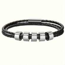 1 pieza Brazalete personalizado de piel de PU negra y acero inoxidable con grabado personalizado con su nombre/familia/nombre de pareja, regalo para familia, pareja, hombres, Día del Padre