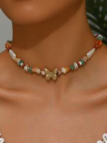 1pc Elegant Fashion Bohemian Multicolor Dopamine Baroque Faux Pearl Golden Butterfly Asymmetrical Glass Beaded Necklace For Women, Suitable For Party, Holiday, Gift-Giving