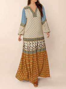 女士复古花卉拼接V领长款连衣裙，波西米亚风，适合秋冬季音乐节