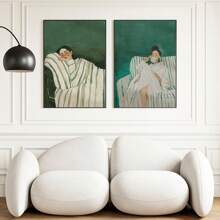 Set Of 2 Abstract People Wall Art Prints, Canvas Hangings, Posters, Wall Art, Contains Emerald Green Striped Woman Canvas Poster, Minimalist Large Art Wall Decor, Coffee Lovers Prints, Spring Decor For Living Room, Bedroom, Cafe, Bar, Office, Hallway And Home Room Decor Artwork Gifts Birthday Graduation