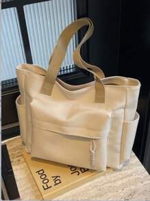 1pc Beige Nylon Casual Tote Bag, Minimalist Design Lightweight Large Capacity Women Shoulder Bag, Suitable For School And University, Multi-Pocket Canvas Handbag, Artistic Style School Bag & Bookbag For Women Or Students, Perfect For Books, Shopping, Back To School And More, Tote Bags For School,College Essentials