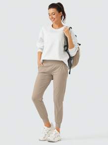 Women's High Waisted Yoga Joggers With Pockets Loose Leggings For Workout, Athletic & Lounge - Khaki - View 4