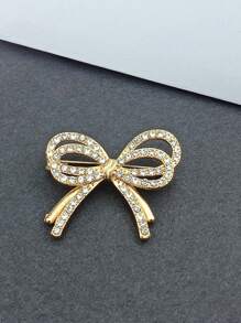 1pc Fashion Elegant Sparkling Double Bow Brooch, Pearl & Rhinestone Geometric Clothing Accessory