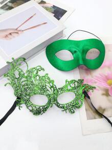 2pcs Green Irish Holiday Solid Color Party & Street Lace Couple Face Masks Suitable For Parties, Galas, St. Patrick's Day, Important Occasions - Green - View 3