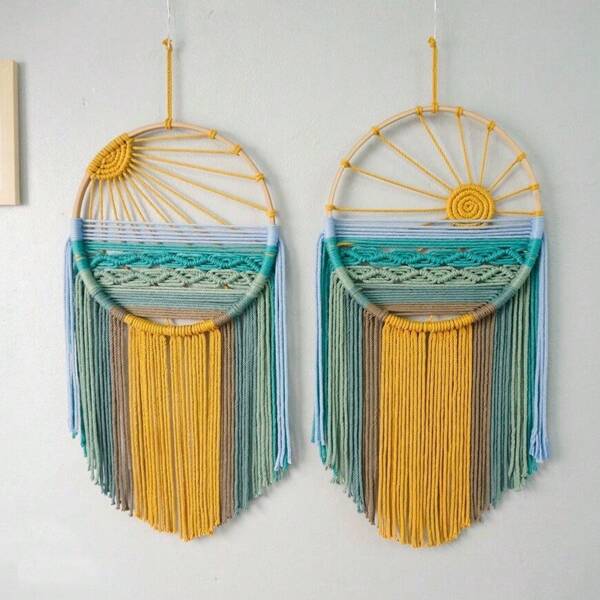 1 Stück Makramee Wandkunst, handgefertigter Traumfänger Wandteppich, boho-chic Strand Sonnenlandschaft gewebter Wandbehang Dekoration