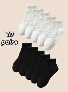 1/5/10 Pairs Classic Black & White Women Short Socks, Plus Size Breathable Casual Sock For Ladies, Spring/Summer/Autumn, Sports Style, Unisex Mid-Calf Socks, Versatile, College Style - Multicolor - View 18
