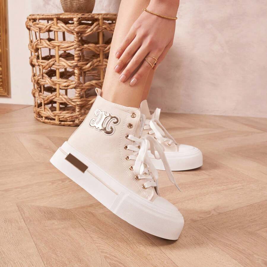 Women Solid Color Splice Casual Sneakers For Daily Wear - Beige-9149 - View 1