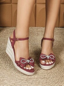 厚底亚麻绳水钻带休闲凉鞋，春夏