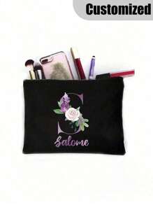 1pc Customized Cosmetic Bag Personal Tailor Lady Makeup Bags Wallet Name Initials A To Z Custom Name Pattern Toiletry Organizer Pouch Personalized Wedding Party Wash Bag Zipper Phone Purse Pencil Pouch Make Up Bags Valentine's Day Gifts Clutch Bag Bridesmaid Make Up Pouch Toiletries Organizer Bag Cosmetic Case - Black - View 3