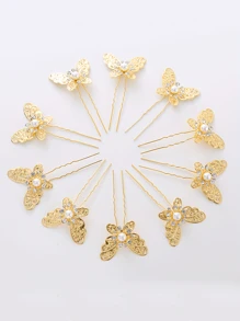 5 件女士 U 型发夹，金色蝴蝶珍珠水钻新娘发夹，适合发髻发型，简约日常婚礼发饰