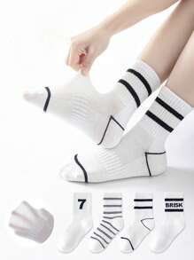 4 Pairs Boys' Simple Numeric Print Mesh Sports Socks, Casual Style, Spring/Summer