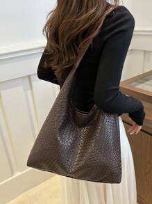 New Versatile Plain Color PU Shoulder Bag, Casual Minimalist Baguette Large Tote - Coffee - View 3