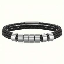 1 pieza Brazalete personalizado de piel de PU negra y acero inoxidable con grabado personalizado con su nombre/familia/nombre de pareja, regalo para familia, pareja, hombres, Día del Padre