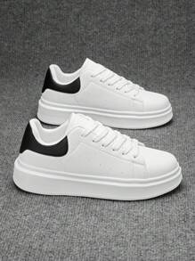 Men's Classic White-Black Color Block Casual Skate Shoes, Outdoor Korean Fashion Daily Elevator Sports Walking Sneakers