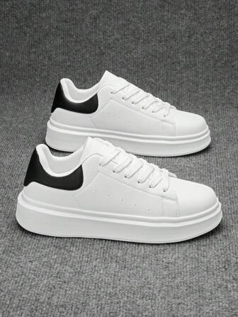 Men's Classic White-Black Color Block Casual Skate Shoes, Outdoor Korean Fashion Daily Elevator Sports Walking Sneakers