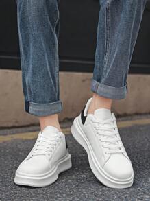 Men's Classic White-Black Color Block Casual Skate Shoes, Outdoor Korean Fashion Daily Elevator Sports Walking Sneakers
