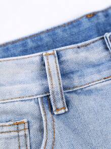 街头风格破洞浅蓝色直筒休闲牛仔裤，时尚宽松男友风牛仔裤 - 藍色 - 查看 4