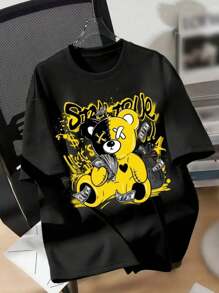 Money Bear Printed Shirt Launch Men's Summer Fashion 100% Cotton - Black - View 1