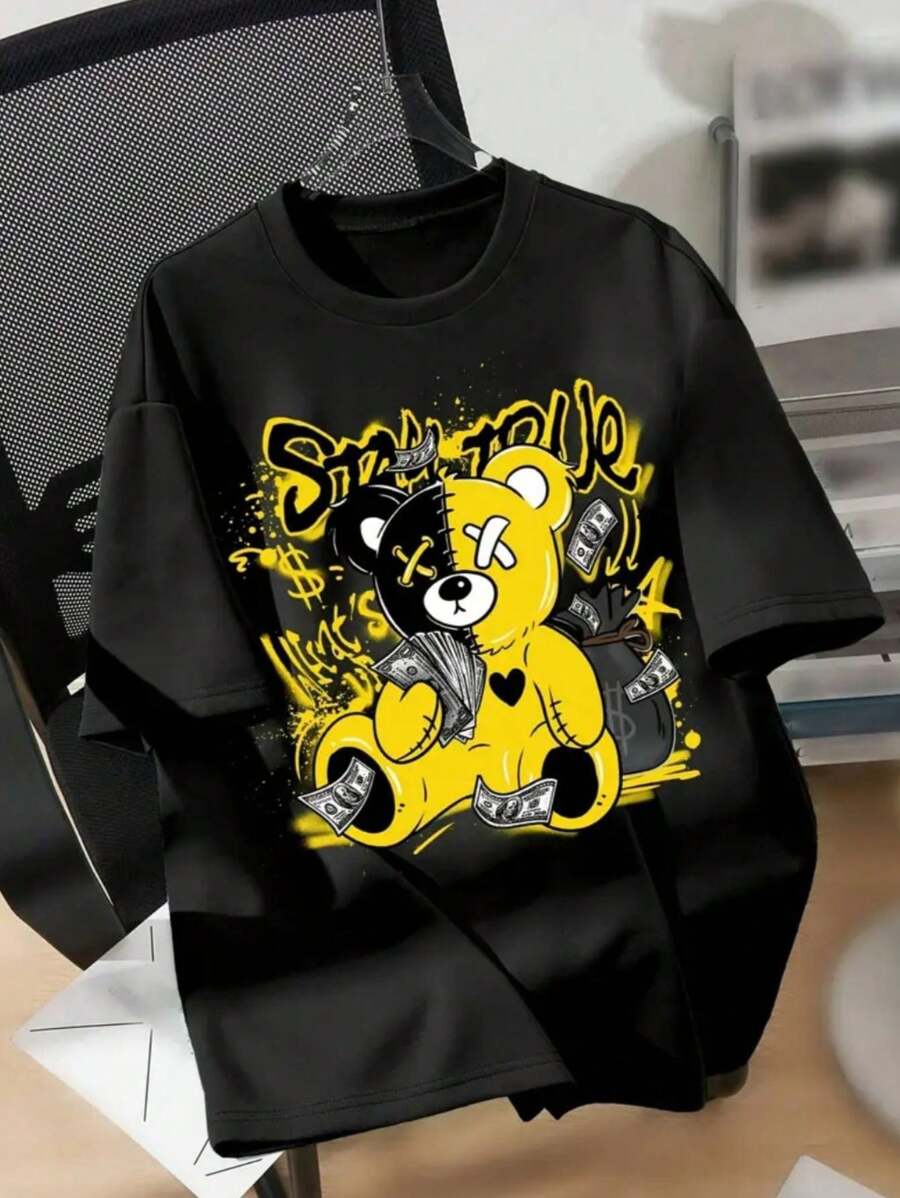 Money Bear Printed Shirt Launch Men's Summer Fashion 100% Cotton - Black - View 1