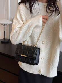 Stylish Solid Color And Printed Wide Strap Hard-Handheld Cross-Body Shoulder Bag For Women - Black - View 2