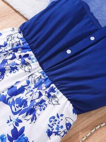 Tween Girls' Casual Cute Elegant Ruffled Mesh Patchwork Floral Print Romper, Spring & Summer - Blue - View 4