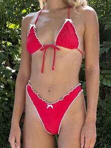 The Women's Summer Bikini Set Features A Top With A Lace Up Collar, Tie Up, Bottom Collar, Backless, And Belly Button Design. Lightweight And Soft, Skin Friendly And Breathable. Suitable For Swimming, Surfing, Beach, Tropical, Honeymoon, Sports, Vacation, Pool Parties, Etc. - 紅色 - 查看 4