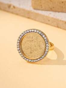 New Arrival Gold-Plated Turkish Coin Ring With Rhinestone Detail And Adjustable Size, Ideal For Couples And Weddings