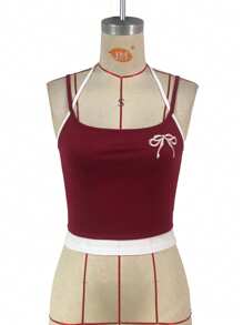 女士蝴蝶结刺绣拼色修身日常健身运动吊带背心上衣 - 酒紅色 - 查看 5