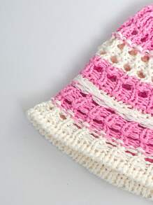 1pc Women's Round Top Hollow Out Straw Hat, Contrast Striped Fisherman Bucket Hat, Breathable Big Head Size, Facial Slimming, Spring/Summer - Straw Bucket Hat - View 10