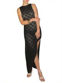 Women Wrapped Dresses, Round Neck Sleeveless Cutout Knitting Solid Midi Party Street Summer Dress - Black - View 3