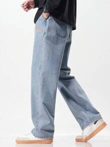 男士抽绳松紧腰水洗休闲宽松直筒牛仔裤 - 淺藍色 - 查看 6