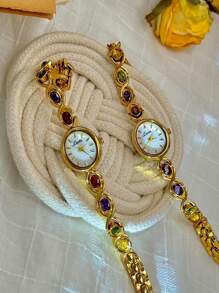 1pc Elegant & Luxurious Gemstone Ladies Watch, Fashionable, Vintage Style With Pearl Dial, Suitable For Social Gatherings, Parties, Vacations, Daily Wear, Birthday Or Holiday Gift