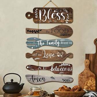 6 Pieces Bless The Food Before Us Farmhouse Kitchen Wall Decor For Dining Room Decorations ,Rustic Collage Art Wooden Sign For Kitchen Decor