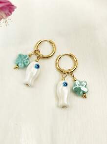 1 对可爱手绘陶瓷鱼和花装饰不锈钢环状耳环，女士日常、度假、约会礼物 - 小魚耳圈 - 查看 10