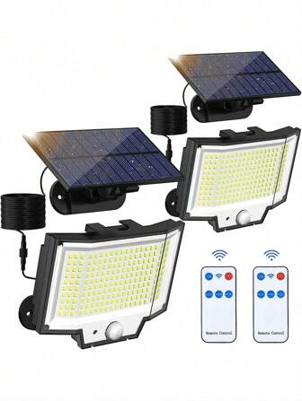 2 件/1 件户外太阳能运动灯，[400 LED/2 包/3 种模式] 独立面板太阳能泛光安全灯带遥控器，16.4 英尺电缆，IP65 防水壁灯适用于花园车库庭院后院露台