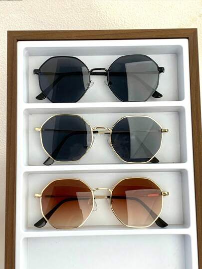 Set de 3 gafas de moda poligonales para mujer, casuales y versátiles para verano, playa, vacaciones, exterior y viajes