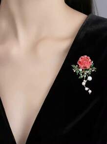 1pc Luxe Chinese Stijl Pioenroos Bloem Broche, Elegante Decoratieve Pin Voor Jas, Vest, Mode Accessoires