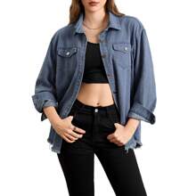 Women's Spring Denim Coat Lapel Long Sleeve Solid Color Button Down Shirt Jacket - Blue - View 1