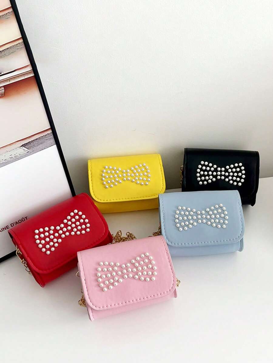 1pc Pu Magnet Closure Fashion Cartoon Mini Solid Color Pearl Bow Chain Shoulder Messenger Bag, Niche Design Cute Coin Purse Suitable For A Variety Of Occasions Comfortable Shoulder Straps Versatile Not Picky, Suitable For Outdoor, Play, Commuting, School Use, Is A Perfect Gift For Girls - Pearl Coin Purse - View 1