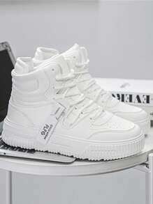 Casual Sports Shoes, Soft Sole & Soft Fabric, Comfortable Couple Shoes, Solid Color High-Top Round Toe Lace-Up Everyday Casual Fashionable Daily Wear Boots, PU Leather Waterproof Anti-Oil Men's Dress Shoes For Everyday Commute And Outdoor, Young Men's Canvas Sneakers With Double Laces, Thick Sole, Anti-Slip, Wear-Resistant, Casual Comfortable Men's Shoes To Increase Height, Men's Fashion Leather Boots