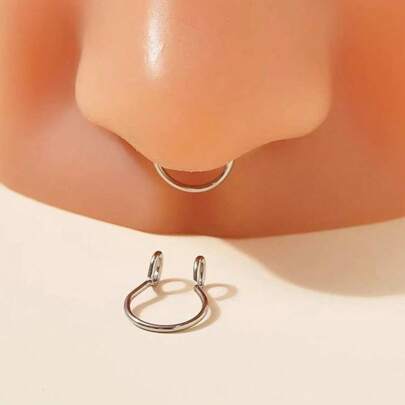 2Pcs Men's Fake Septum Nose Hoop Ring Stainless Steel Faux Lip Ear Nose Septum Ring Non Piercing Clip On Nose Hoop Ring Body Piercing Jewelry Gift