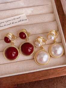 2 件复古圆形人造珍珠几何夹式耳环，无需穿孔 - clip - 查看 8