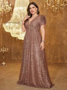 UNITHORSE Plus Deep V-Neck Princess Sleeve Ruched Sequin Embellished Long Dress, Evening Party Gown, Wedding Guest Dress, Formal Dress, Fall Women Clothes - 咖啡棕 - 查看 5