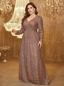 UNITHORSE Plus Size V-Neck Solid Long Sleeve Wrap Sequin A-Line Elegant Evening Party Dress, Wedding Guest Dress, Formal Dress,Gown, Fall Women Clothes - 咖啡棕 - 查看 3