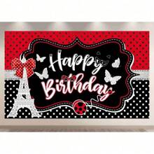 1pc Ladybug Happy Birthday Polyester Photography Backdrop, Red And Black Glitter Eiffel Tower Background, Party Decorations Banner Photo Booths - 1pcs - View 4