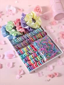 1255pcs Rhinestone Hair Ties & Hair Clips Set, Cute Girl Style