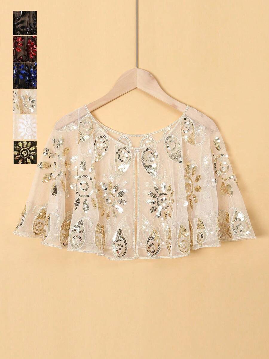1pc Vintage Short Top, Lightweight Yet Heavily Beaded Lace Women Crop Top, Party/Event Mini Shrug For Dress - Multicolor - View 1
